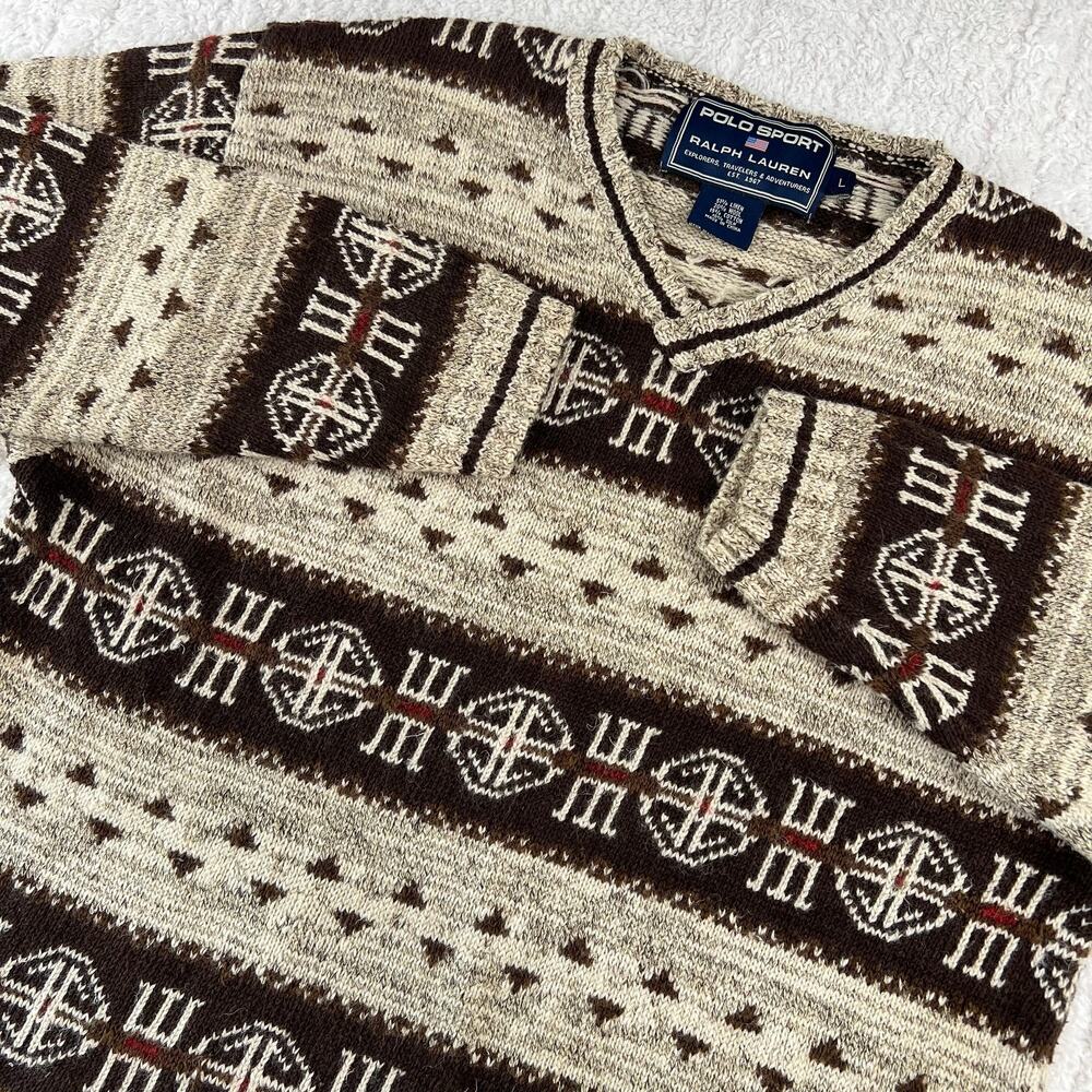 Polo Sport Ralph Lauren Navajo Aztec Vintage V-neck men’s sweater size Large - Picture 3 of 6